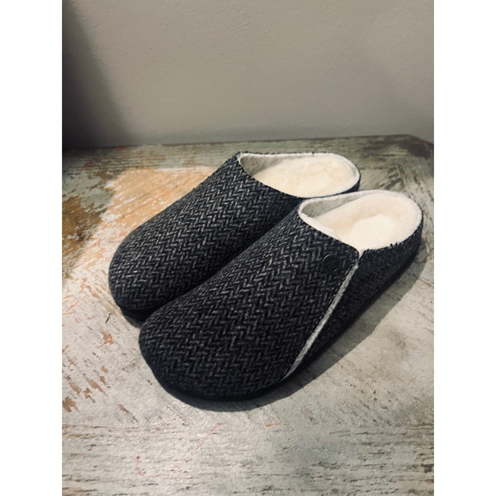 Birkenstock Zermatt Shearling Grey Herringbone Wool Felt Slippers Clogs 37 L6 M4